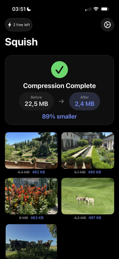 Squish results screen showing 89% compression — before 22.5 MB, after 2.4 MB